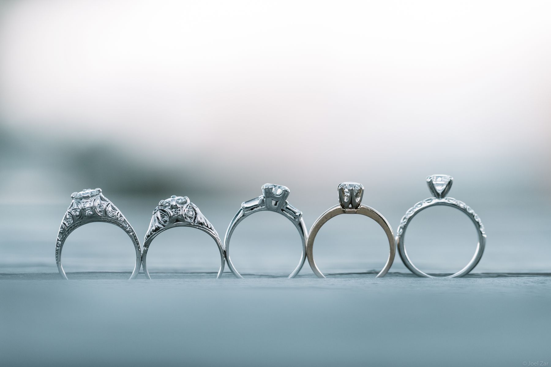 A row of five silver engagement rings standing upright in cool light